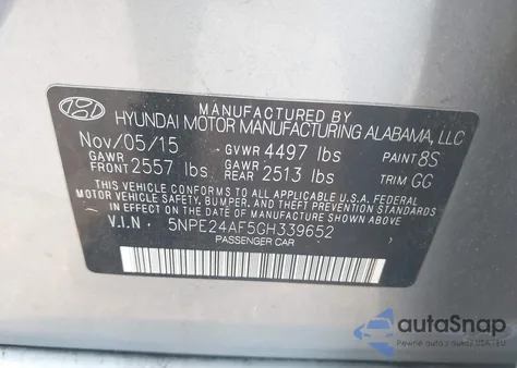 2016 Hyundai Sonata Se z USA, uszkodzony, nr VIN 5NPE24AF5GH339652